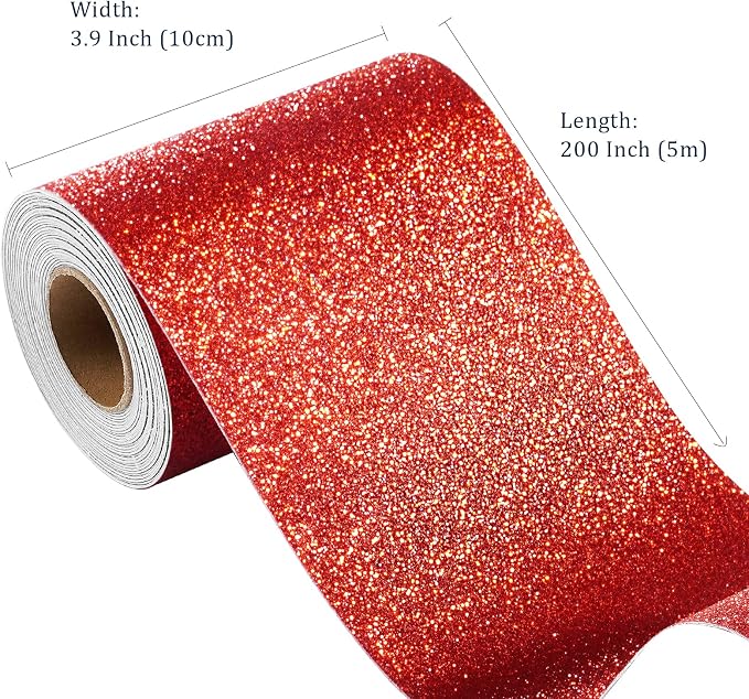 FunStick Ruby Red Glitter Wallpaper Border Self Adhesive Sparkle Red Wall Borders Peel and Stick Red Glitter Contact Paper Decorative Removable Fabric Wallpaper for Bedroom Living Room Craft 3.9"x200" - Image 5