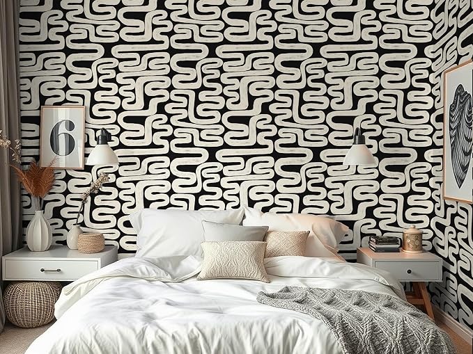Black and Cream White Peel and Stick Wallpaper Modern Geometric Self-Adhesive Removable Contact Paper Thicken Waterproof Easy to Clean Decorative Wall Paper for Bedroom Bathroom 17.3in x 78.7in - Image 4