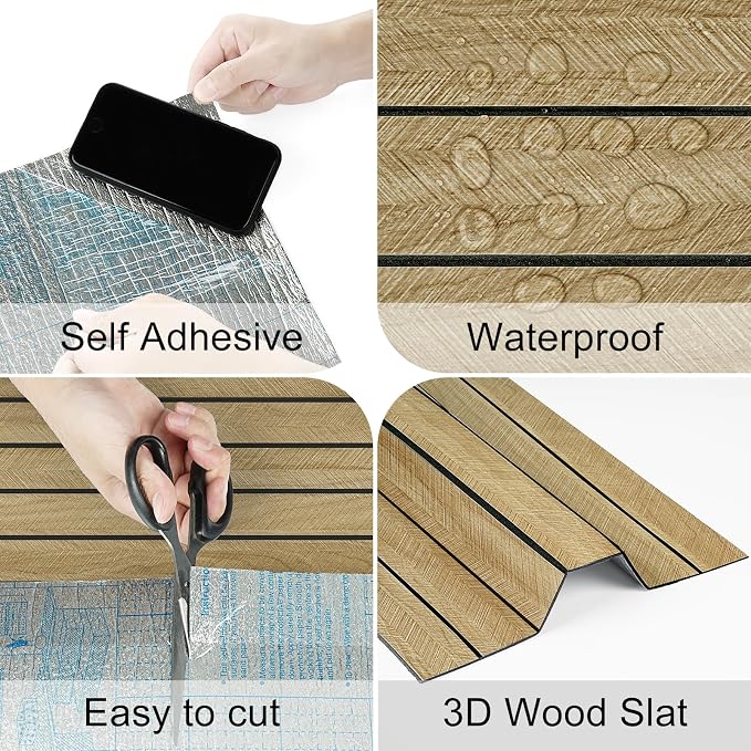Brown Wood Wall Panels Self Adhesive 3D Peel and Stick Wood Panels | Removable Acoustic Wall Paneling Faux Wooden Stick on Wall Panels for Bedroom Living Room Panel Slat Wallpaper 11.8 x 118 in - Image 7