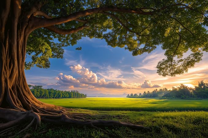 ASJ Forest Peel and Stick Wallpaper Mural, Ancient Tree Sunlit Landscape | Seamless edge-to-edge match. Banyan roots meadow & blue sky artwork, 177x102 in, premium fabric, living room decor. - Image 2