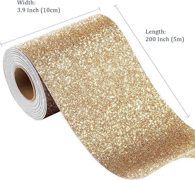 FunStick Champagne Gold Glitter Wallpaper Border Peel and Stick Removable Wall Border Trim Self Adhesive Gold Wallpaper Borders for Bedroom Bulletin Board Sparkle Glitter Contact Paper Decor 3.9"x200" - Image 7