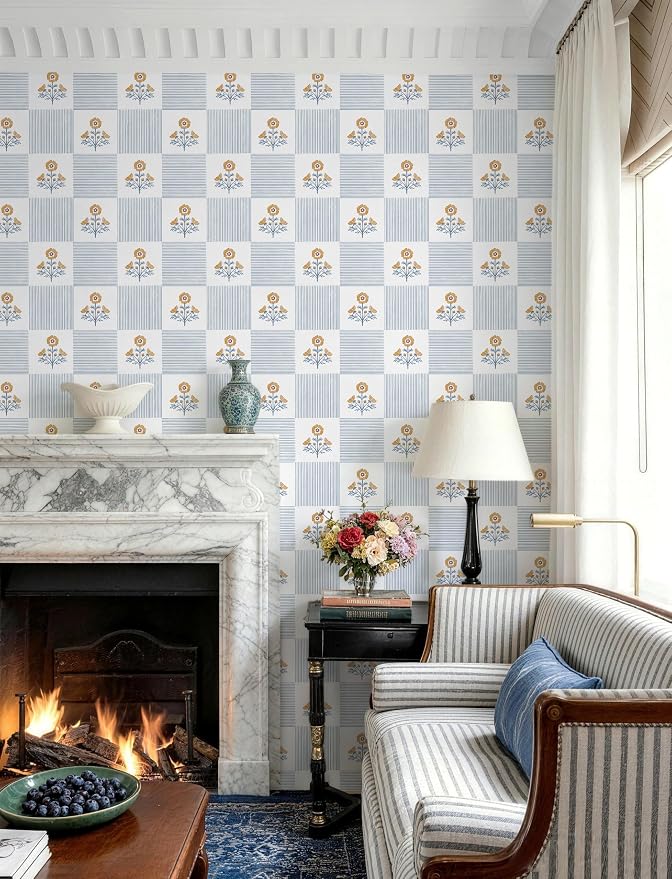 Guvana Blue Floral Peel and Stick Wallpaper Vintage Floral Wallpaper Boho Wall Paper Removable Modern Contact Paper Vinyl Self Adhesive for Bedroom Bathroom Kitchen Livingroom Covering 17.3" x 78.7" - Image 2