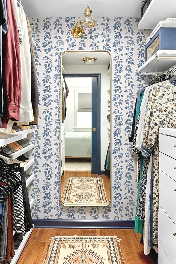 Ismoon Blue Wallpaper Peel and Stick Vintage Wallpaper 17.3in x 6.56ft Blue Leaf Contact Paper Vintage Cottage Wall Paper for Bedroom Bathroom Kitchen Nursery Removable Vinyl - Image 2