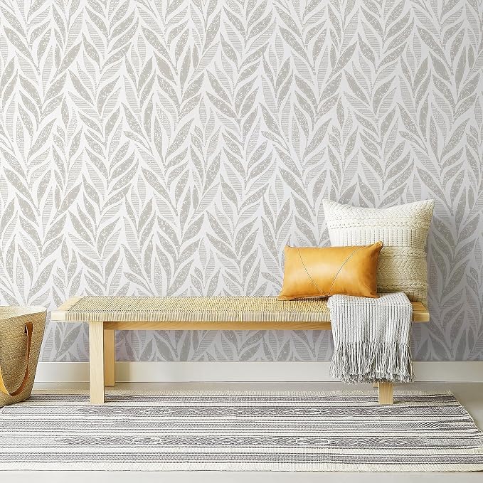 Safiyya 393"x17.3" Boho Peel and Stick Wallpaper Beige and White Wallpaper Leaf Self Adhesive Removable Wall Paper for Bathroom Bedroom Contact Paper for Walls Vinyl Roll - Image 6