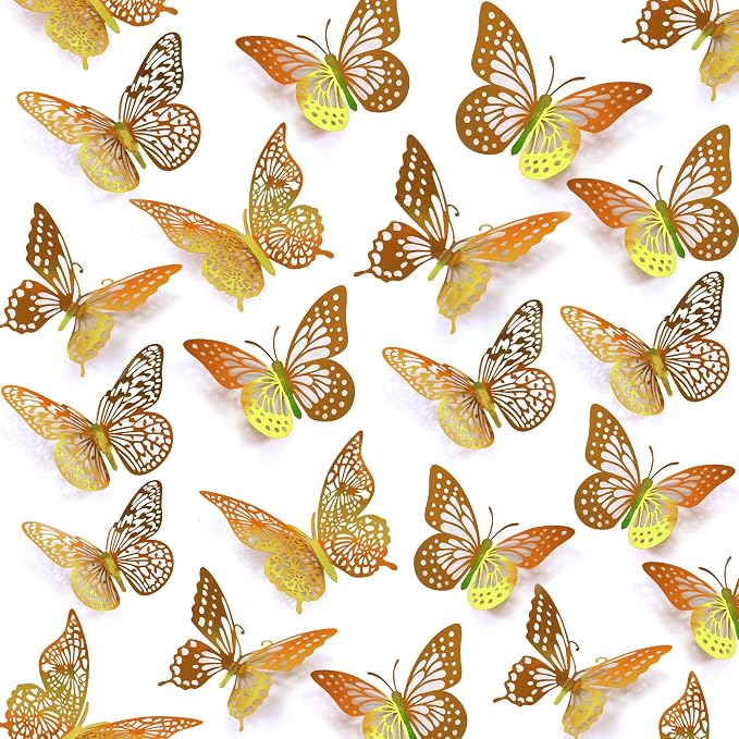 SAOROPEB 3D Butterfly Wall Decor 48 Pcs Laser Gold Butterfly Decorations | 4 Styles 3 Sizes, Birthday Decorations Butterfly Party Decorations&Butterfly Cake Decorations-Removable Gold Butterfly by SAOROPEB