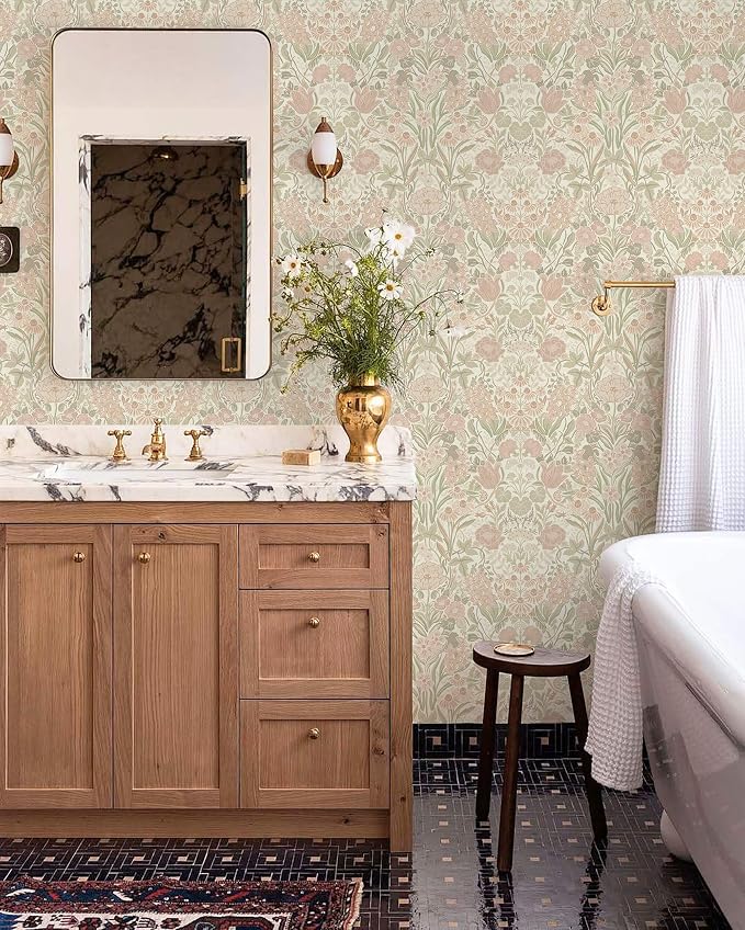Heroad Vintage Peel and Stick Wallpaper Pink and Green Floral Contact Paper | Boho Damask Wallpaper,17.3''x196'',Removable Renter Friendly Wall Paper for Bathroom Bedroom Laundry,Self Adhesive Vinyl - Image 4