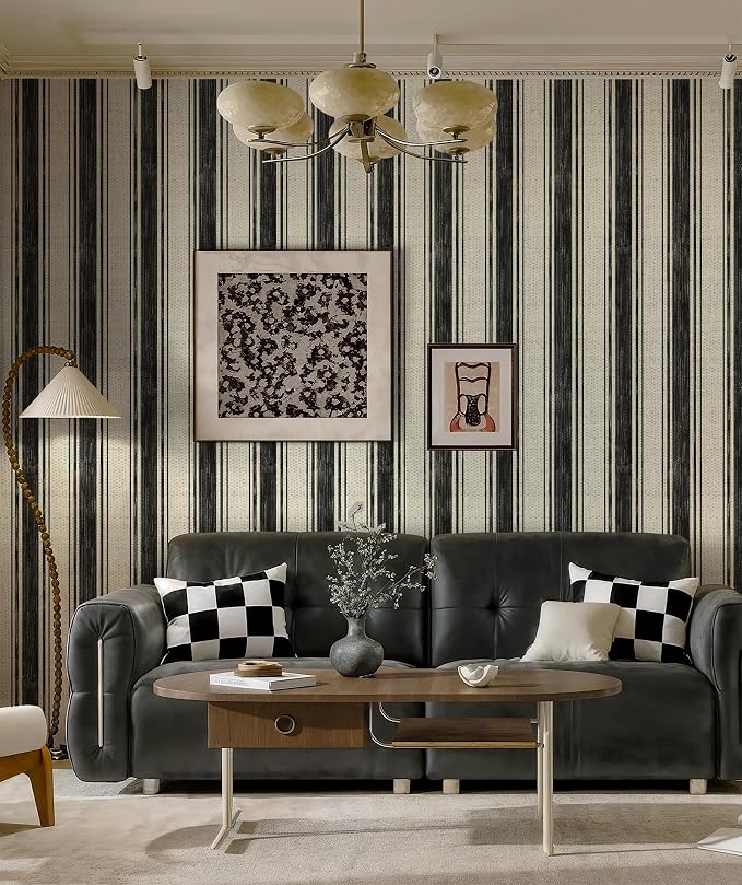 Safiyya Peel and Stick Wallpaper Black and Cream White 17.3"×197" Hand-Painted Striped Contact Paper Beige Vintage Wall Paper Self Adhesive Removable Wallpaper for Bedroom Bathroom Vinyl - Image 7