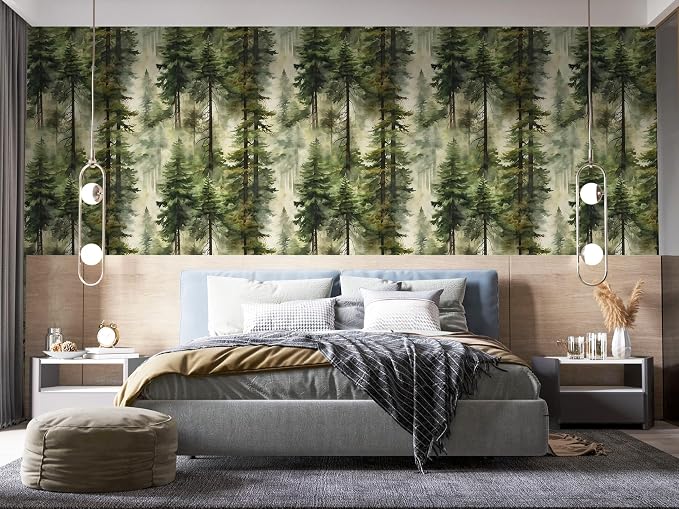 HAOKHOME Forest Wallpaper Peel and Stick Tree Green Woodland 17.3in x32.8ft | Stickly Mural Textured Removable Wall Paper Modern Landscape Mountain Botanical Waterproof for Bathroom Bedroom Contact Paper - Image 2