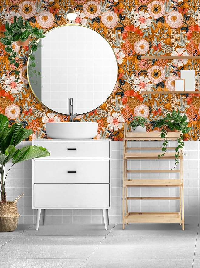 HAOKHOME Boho Wallpaper Peel and Stick Floral Retro Orange Pink Colorful | Botanical Textured Wall Paper Vintage Renter Friendly Removable Flower Bathroom Bedroom Nursery Accent Decor 17.3in x 9.8ft - Image 4