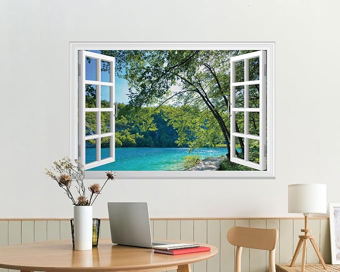 FLFK Fake Window Wall Mural - Lakes in The Jungle Faux Window Wall Sticker for Wall Decor, Stick and Peel Wall Decals,48"x32",Set of 2 Sheets - Image 6