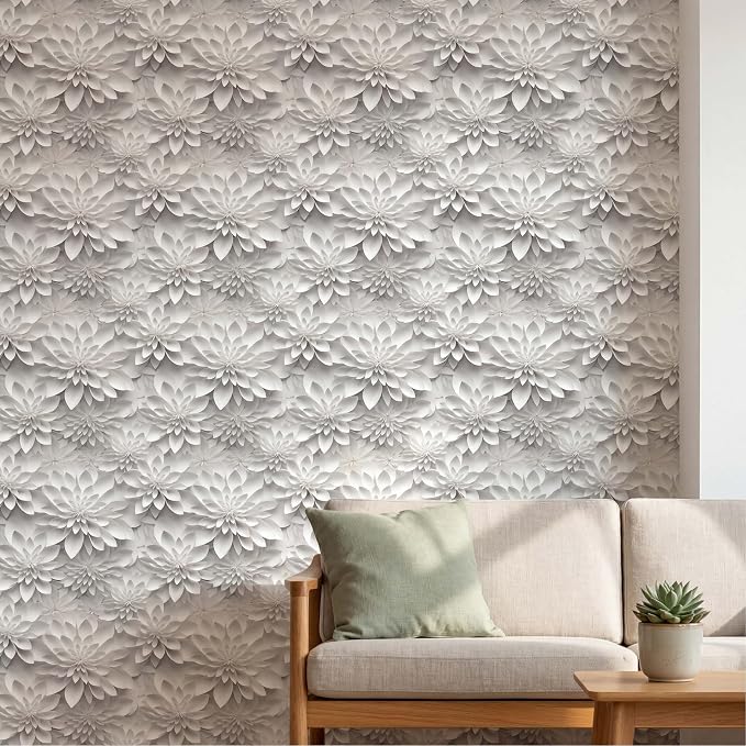 Peel and Stick Wallpaper White Gray Lotus Floral Small | 17.7 in x 6.6 ft Self Adhesive Floral Contact Paper for Smooth Dry Surfaces Removable and Renter Friendly - Image 5