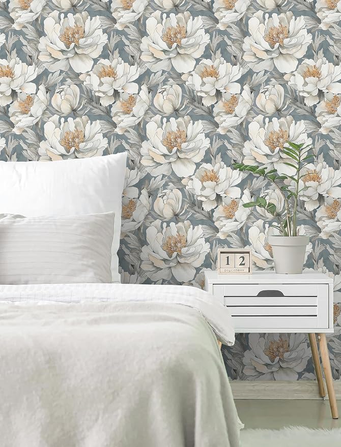 Safiyya Peel and Stick Wallpaper Grey and White Floral Contact Paper Peel and Stick 17.3"x 197" Wall Paper Self Adhesive Removable Wallpaper for Bedroom Bathroom Vinyl Roll - Image 3