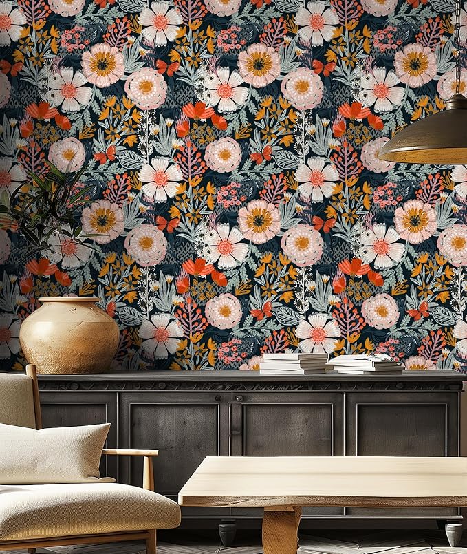 HAOKHOME Floral Wallpaper Peel and Stick Boho Pink Bathroom Contact Paper | Textured Navy Blue Orange Stick on Wall Paper Botanical Renter Friendly Removable Flower Bedroom Accent Decor 17.3in x 9.8ft - Image 4