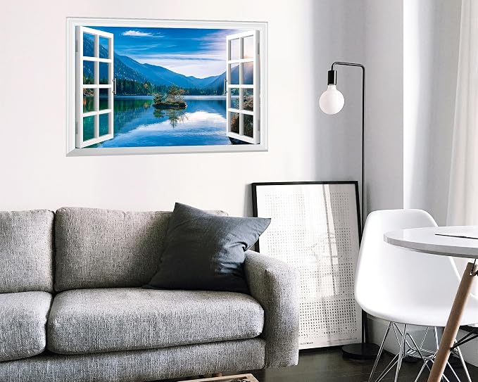 FLFK Fake Window Wall Mural - Mountain Lake Faux Window Wall Sticker for Wall Decor, Peel and Stick Wall Decals,48"x32",Set of 2 Sheets - Image 5