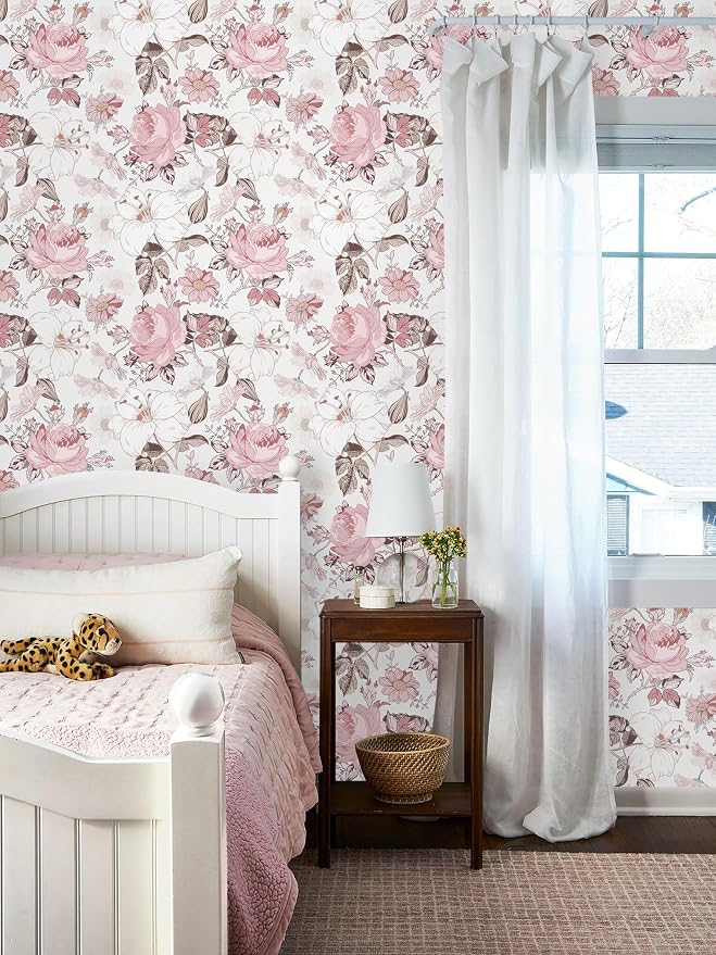 Hopepak Floral Peel and Stick Wallpaper Modern Pink Wall Paper Self Adhesive Removable Contact Paper for Girls Bedroom Cabinets Bathroom Nursery Home Decoration 16.1'' x 118'' - Image 2