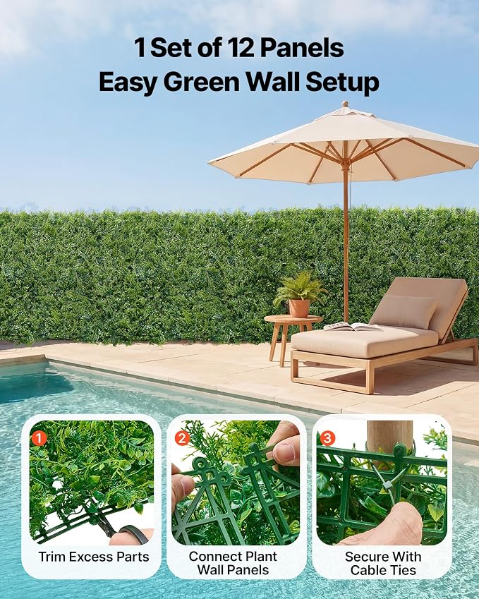 VEVOR Artificial Plant Wall, 12PCS 20 x 20 in Artificial Boxwood Panels, Sun Protection Greenery Backdrop Privacy Hedge Fence, Fake Grass Screen for Wedding, Indoor, Outdoor Garden, Backyard,Ferns - Image 4