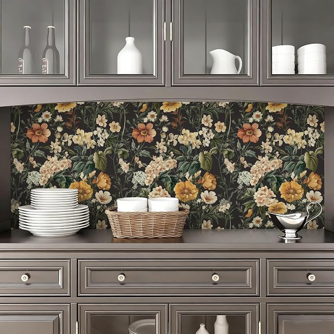 Livebor Black Floral Peel and Stick Wallpaper Flower Wallpaper16.9 x118.1 | Vintage Floral Contact Paper Boho Self Adhesive Botanical Wall Paper for Kitchen Waterproof Cabinets Decorative Vinyl - Image 3