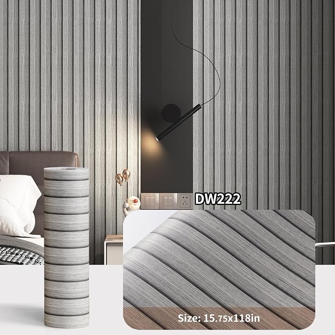 Haimin Wood Grain Slat Wall Panels Peel and Stick Faux Wood Thick Wallpaper | 118"x15.75" Waterproof PET & IXPE Foam Paneling Adhesive Smooth Beadboard Wallpaper Wall Covering Panels (Light Gray) - Image 2