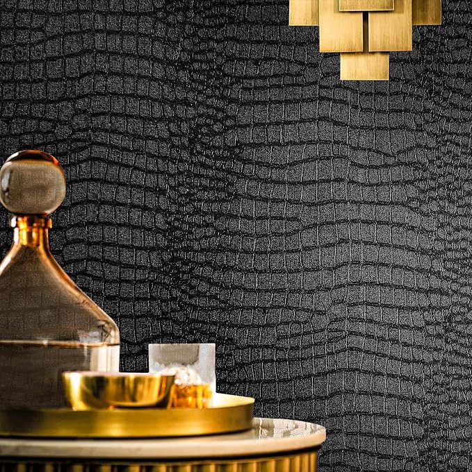 Fititem Black Peel and Stick Wallpaper Crocodile Texture Modern 393”×17.3” | Black Wallpaper for Bedroom Bathroom Waterproof Removable Self Adhesive Wallpaper 3D Embossed Faux Leather Contact Paper Dark by Fititem__FitYourHome