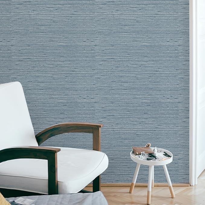 Simon&Siff Gray Blue Textured Grasscloth Peel and Stick Wallpaper 17.7"x1200" Neutral Faux Grassweave Waterproof Self Adhesive Removable Wallpaper Mural for Home Decor Bedroom Kitchen Cabinet by SimonSiff