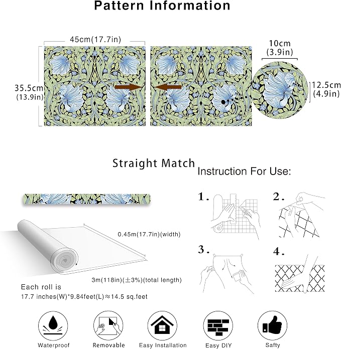 HAOKHOME William Morris Peel and Stick Wallpaper Floral Blue Wall Paper | Textured Renter Friendly Removable Wall Paper Vintage Botanical Vine Bathroom Bedroom Stick on Contact Paper 17.3in x 9.8ft - Image 7