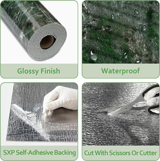 Marble Peel and Stick Waterproof Wall Paneling, 118" x 47" Amazonita Green Glossy Finish Self-Adhesive Backsplash Tile Vinyl Wall Panel for Kitchen Bathroom Wall Decor, Covers 38.75 Sq. Ft. - Image 4