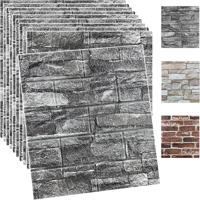20PCS 3D Wall Panels Peel and Stick Foam 3D Brick Wallpaper Peel and Stick Black Faux Stone Wall Panel Self-Adhesive Wallpaper (20PCS, Black) by YULI3DH