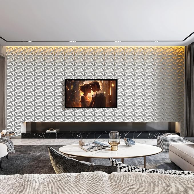 INMOZATA 3D Wall Panels, Diamond Textured PVC Accent Wall Panels | 33-Pack 12" x 12" PVC Decorative Wall Panels for Interior Wall Decor, TV Gaming Living Room, Bedroom Background, White - Image 7