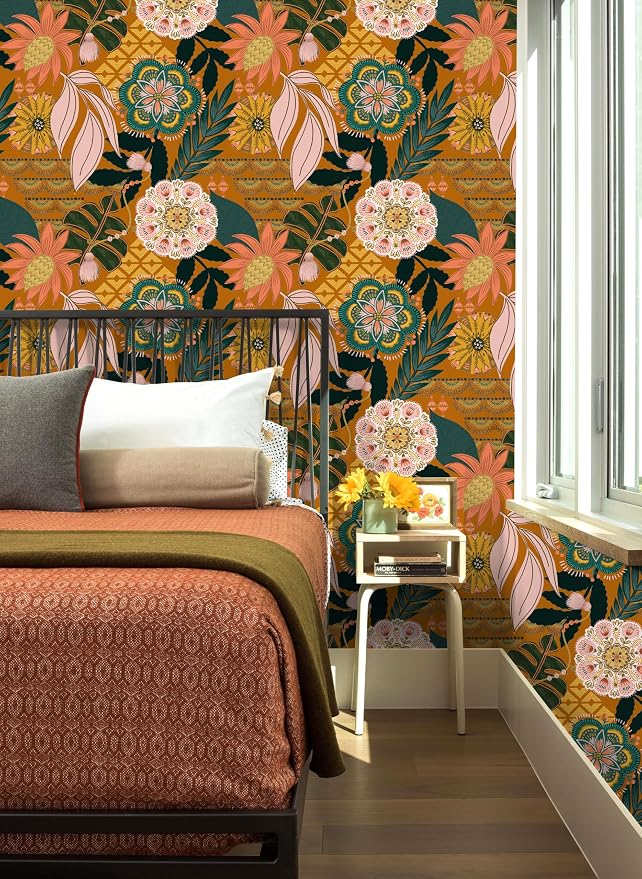 HAOKHOME Orange Peel and Stick Wallpaper Tropical Boho 17.3in x 32.8ft | Floral Botanical Texture Removable Waterproof Renter Friendly Wall Paper Terracotta Pink Green Contact Paper Bathroom Bedroom - Image 4