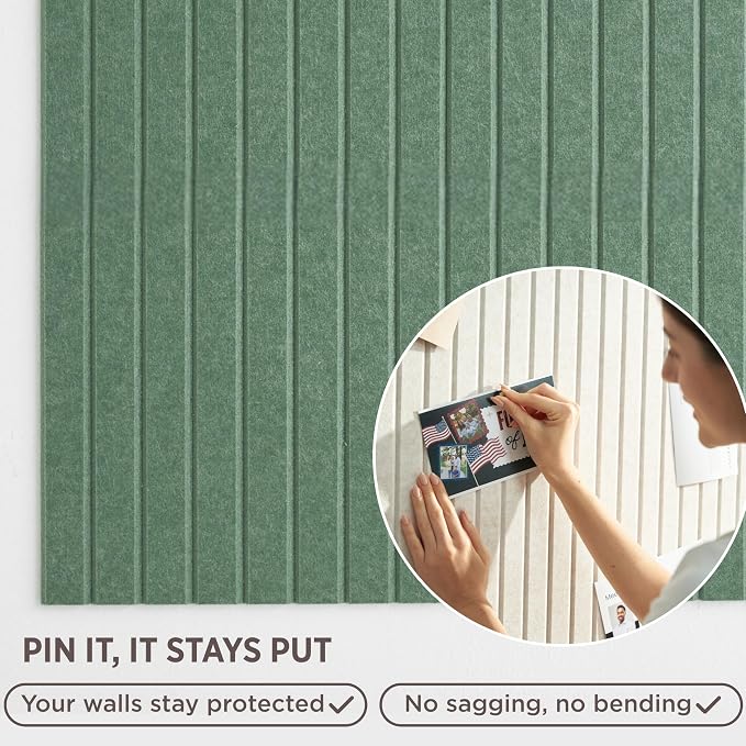 VIVELDA Felt Bulletin Board Tiles 48"x36" - 12-Pack Cork Board Alternative, OEKO-TEX Certified, NRC 0.95 Acoustic Felt Wall Panels, Damage-Free Adhesive, Slatted Design, Home Office & Classroom (Palm) - Image 3