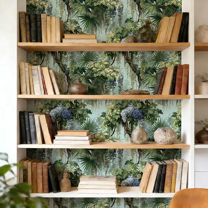 Vintage Wisteria Palm Botanical Peel and Stick Wallpaper | Soft pale backdrop wisteria and palm vine print, Removable waterproof vinyl wall covering, bedroom accent wall decor - Image 5