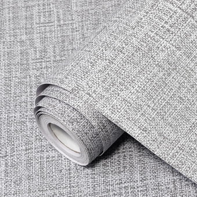 Grey Grasscloth Peel and Stick Wallpaper 17.3"x300" Faux Linen Textured Contact Paper Removable Self Adhesive Vinyl Wallpaper for Bedroom Bathroom Kitchen Cabinets by Uooar