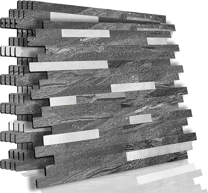 KASARO Peel and Stick Marble Backsplash Tile, 10 Sheets, Black Marble with Silver Embellished Stripes, Self-Adhesive Wall Tile for Kitchen, Bathroom, Fireplace, RV (11.4” x 10.6”) - Image 2