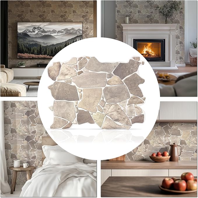 3D Faux Stone Wall Panels, Wild Boulder, Pack of 15, Covers 43.3 Sq Ft | Grey, Beige & Brown, Lightweight PVC, 17.5" x 23.75" (44.5 x 60.3 cm), Decorative Rock Cladding for Accent Wall & Backsplash by ConcordWallcoverings