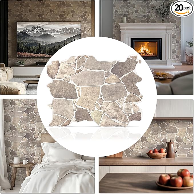 3D Faux Stone Wall Panels, Wild Boulder, Pack of 20, Covers 57.7 Sq Ft | Grey, Beige & Brown, Lightweight PVC, 17.5" x 23.75" (44.5 x 60.3 cm), Decorative Rock Cladding for Accent Wall & Backsplash by ConcordWallcoverings