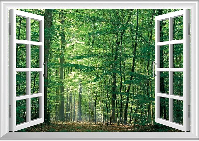 FLFK Fake Window Wall Mural - Jungle Faux Window Wall Sticker for Wall Decor, Stick and Peel Wall Decals,80"x60",Set of 5 Sheets by FLFK