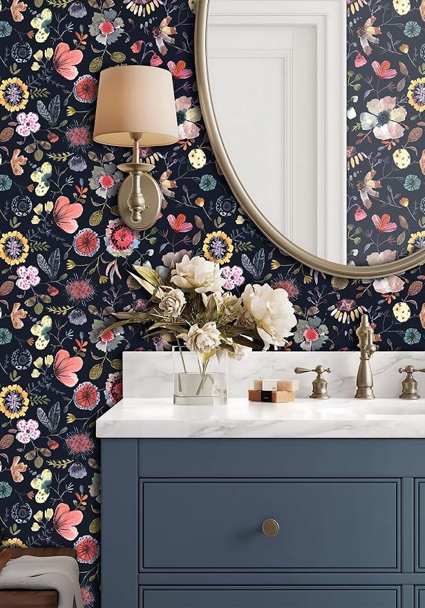 Wallpaper Peel and Stick Floral Wall Paper Removable Waterproof Blue/Red/Yellow Contact Paper for Bedroom Cabinets Shelf Drawers Renter Friendly 17.3" x 236.3" - Image 8