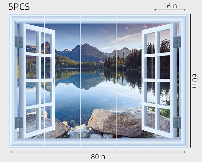 FLFK Fake Window Wall Mural - Landscapes Faux Window Wall Sticker for Wall Decor, Stick and Peel Wall Decals,80"x60",Set of 5 Sheets - Image 2