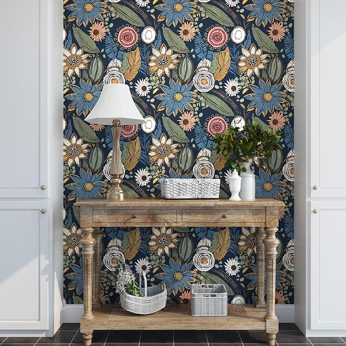 Laatse Boho Wallpaper Peel and Stick 17.5"x393", Navy Blue Contact Paper | Self Adhesive/Removable/Waterproof/Thick Vinyl Wall Paper for Bathroom Bedroom Shelf Cabinet Drawer,Prepasted,Easy Peel - Image 5