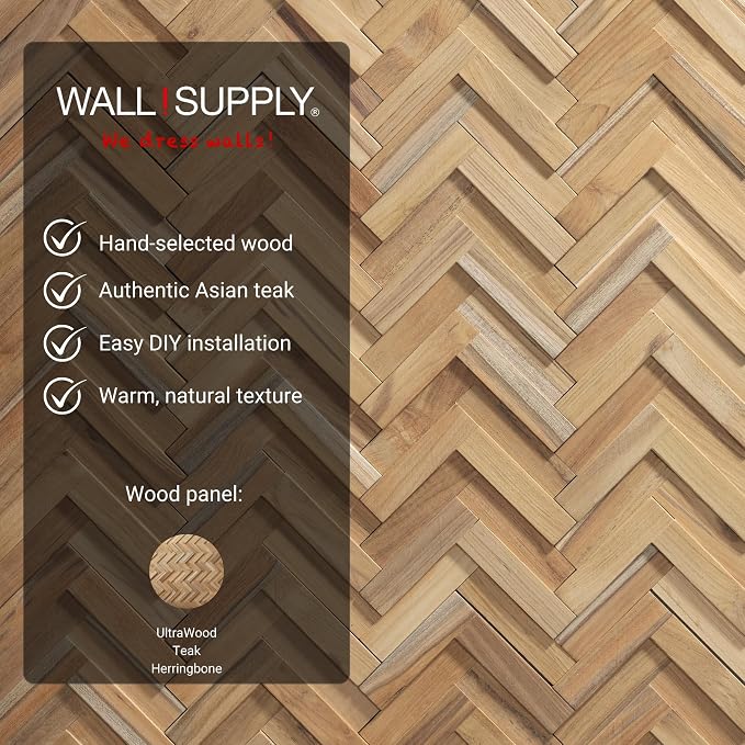 Wall!Supply 3D Wall Panels – Reclaimed Herringbone Asian Teak Wood – Home Decor Wallpaper Alternative for Living Room, Bedroom & Office – Easy DIY Installation – 16 Pack, Covers 11.63 Sq Ft | Real Reclaimed Asian Teak, Wallpaper Alternative, Easy DIY I... - Image 3