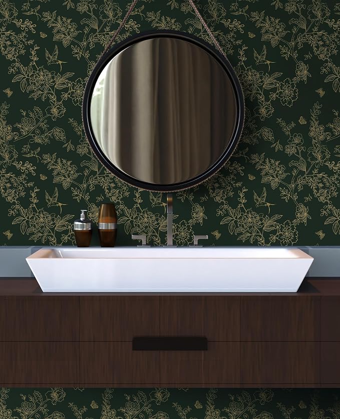 Froluya Green and Gold Peel and Stick Wallpaper for Bathroom 17.7in×590.5in | Dark Green Floral Wallpaper Vintage Contact Paper Peel and Stick Flowers Birds Removable Self Adhesive Cabinets Wall Paper - Image 4