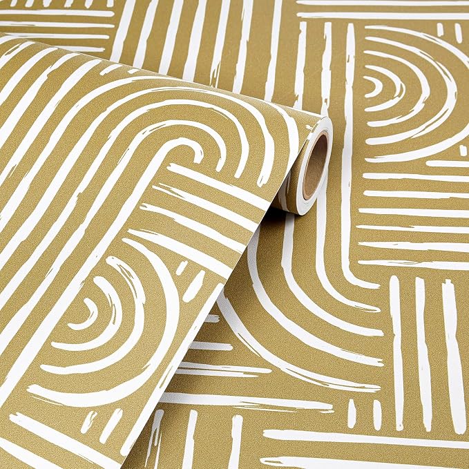 Livelynine Geometric Abstract Peel and Stick Wallpaper White and Gold Mid Century Modern Neutral Mustard Yellow Golden Beige Designs Wallpaper Boho Contact Paper Rolls Minimalist Removable 17.5x78.8 - Image 8
