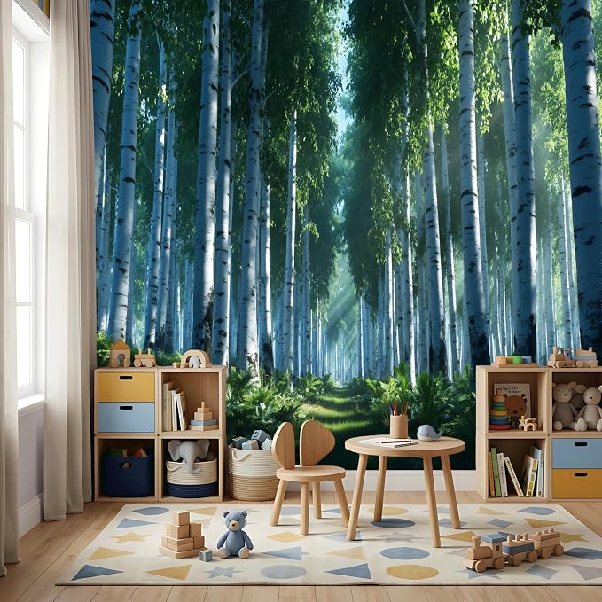 ASJ Forest Peel and Stick Wallpaper Mural, Birch Tree Fern Green | Seamless edge-to-edge match. Sunlight rays nature artwork, 177x102 in, premium fabric, living room bedroom decor. - Image 5