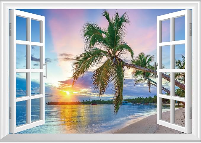 FLFK Fake Window Wall Sticker - Sunrise Over the Sea Faux Window Wall Mural for Wall Decor, Stick and Peel Wall Decals,24"x16" by FLFK
