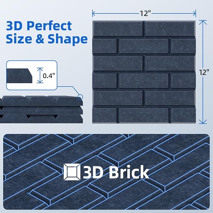 12 Pack Acoustic Panels with Self Adhesive Sound Proof Foam Panels for Wall | 12" X 12" X 0.4" High Density Soundproof Wall Panels, Brick Sound Absorbing Panels for Home Studio Office Decor - Blue - Image 6