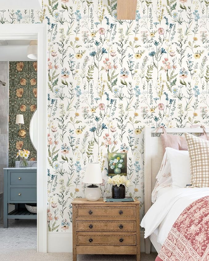 Dimoon Boho Peel and Stick Wallpaper Beige Floral Contact Paper 17.3x394in |Blue Wildflower Botanical Renter Friendly Removable Self Adhesive Stick on Wall Paper Decor for Bathroom Bedroom Vinyl - Image 7
