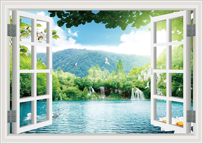 ‌Lmyhome Fake Window Wall Mural Spring Lake Landscape (64"x48") | Peel and Stick Faux Window Wall Sticker Decal Poster for Bedroom Home Decor by LmyhomeMuralsWallpaper