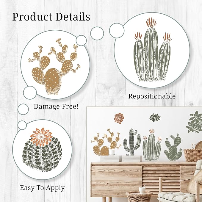 Cactus Wall Decals - Set of 15 Cacti Vinyl Room Decor Peel and Stick Removable Floral Stickers for Nursery Bedroom Bathroom - Image 2