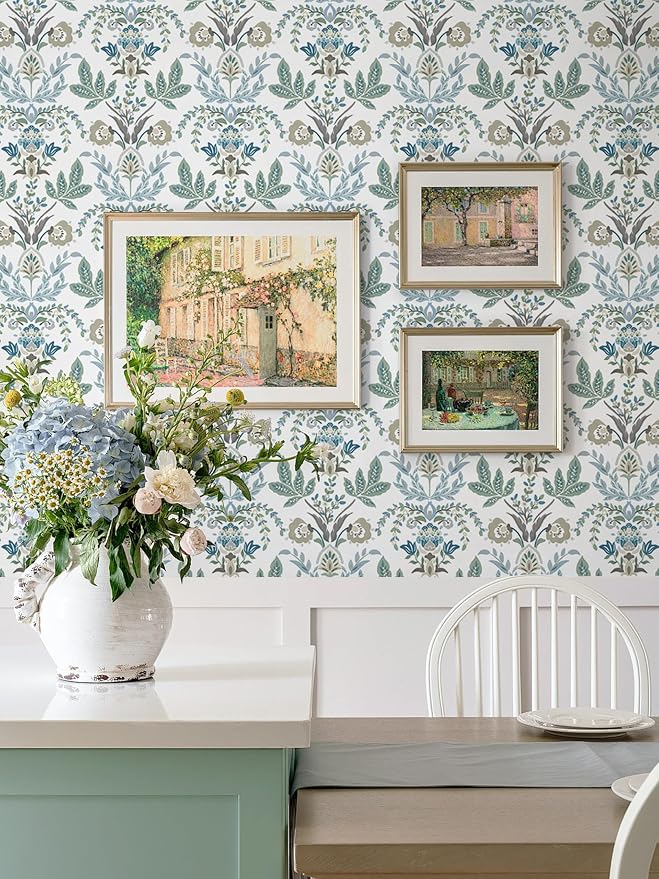 Dimoon Boho Peel and Stick Wallpaper Vintage Damask Floral Contact Paper 394''x17.3'' Sage Green Leaf Botanical Wallpaper Renter Friendly Cottage Core Wall Paper for Bedroom Bathroom Decor Vinyl - Image 2