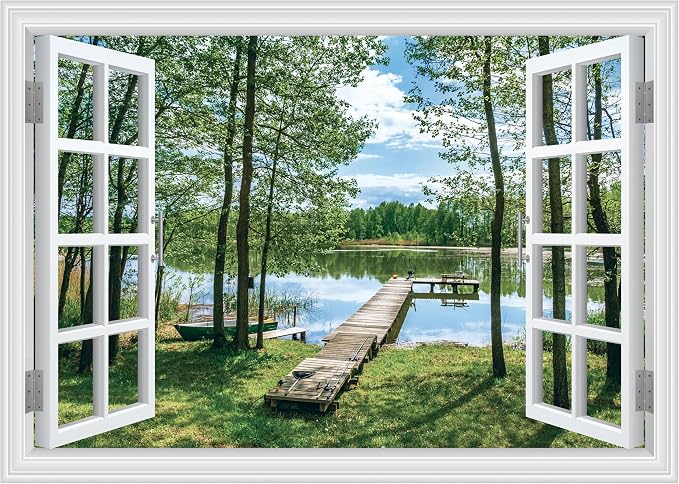 FLFK Fake Window Wall Decal Peel and Stick Wall Mural 80" x 60" | Lake & Forest Scene, 3D Illusion Effect, Removable Design, Home Office Decor, Pre-cut into 5 pieces by FLFK